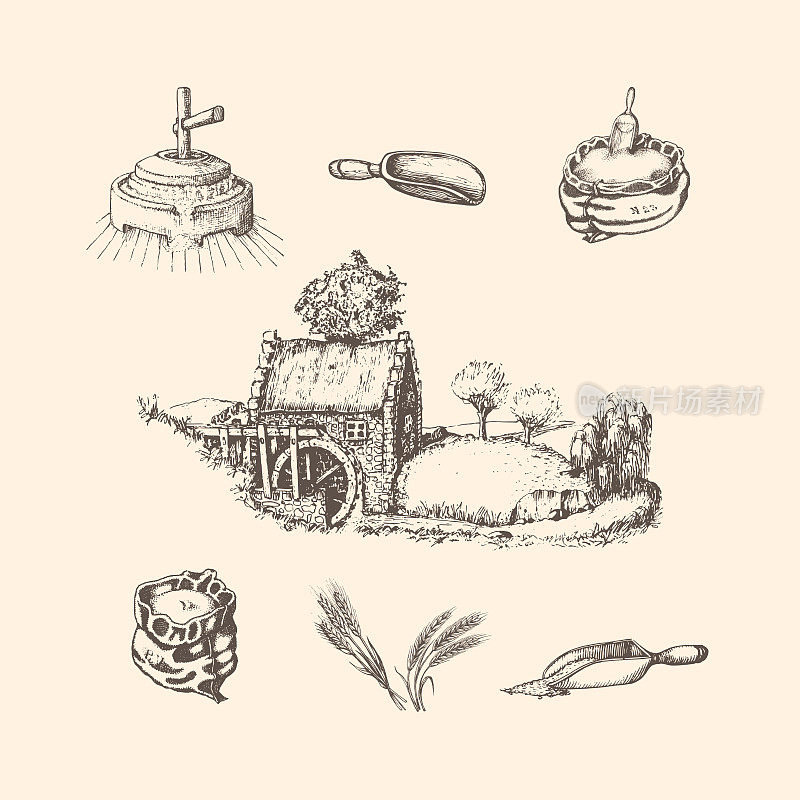 Illustrations of mill stuff. Sketches of rural life